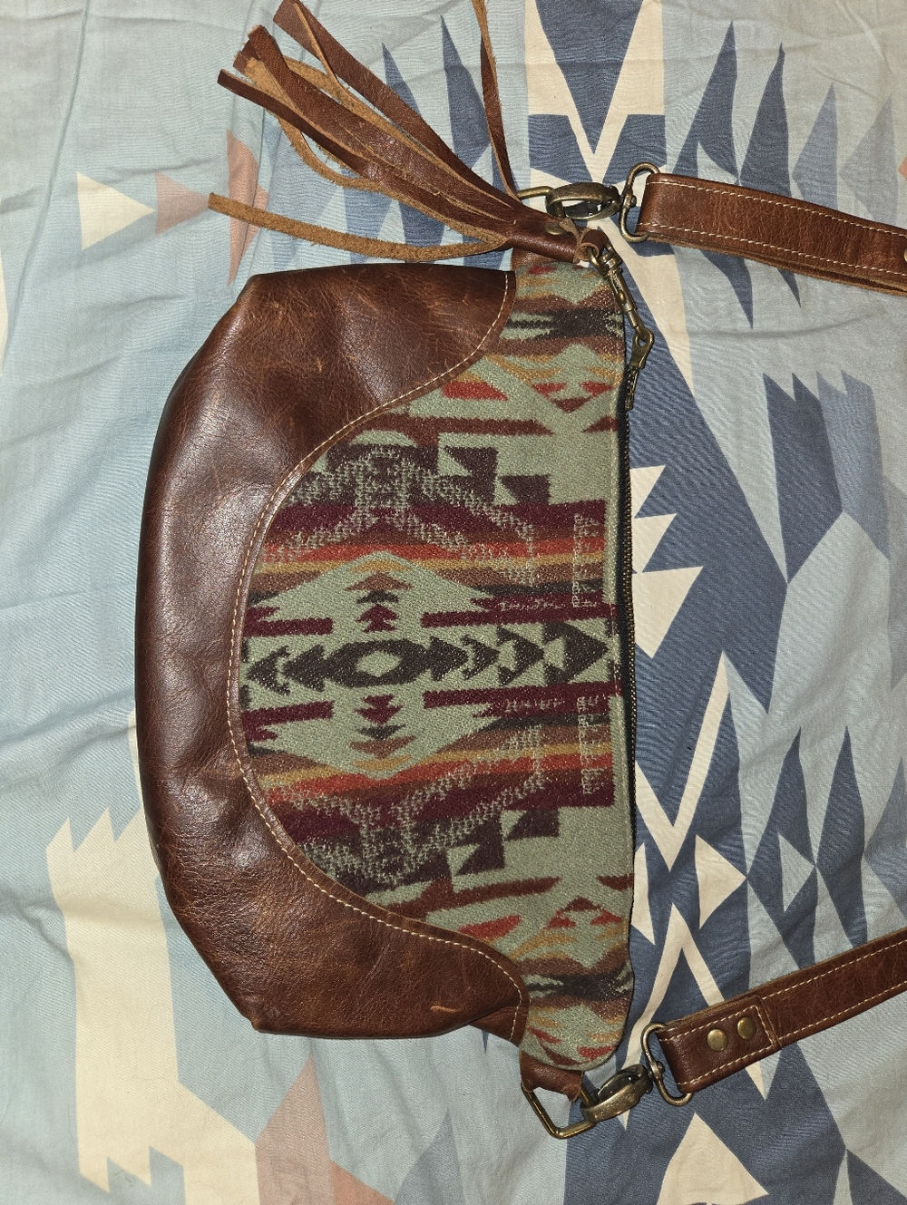 Soft Brown Leather & Aztec Pattern Crossbody Bag